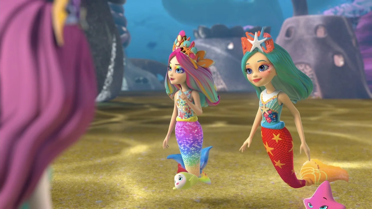 Enchantimals - Ocean Kingdom (2023) movie still: medium — The sandy seabed of an underwater kingdom features large purple coral structures in…