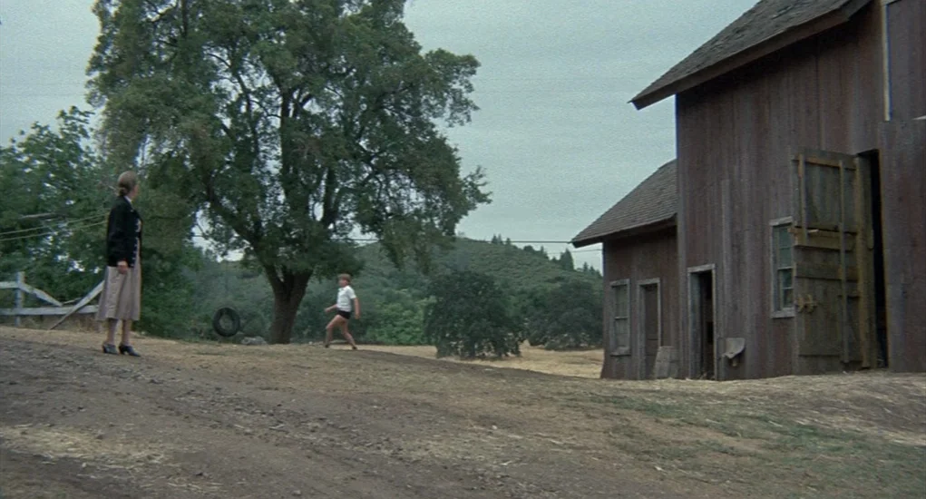 The Other (1972) movie still: wide — A rural property features a rustic weathered wooden barn and an expansive dirt yard. A woman watches a child…