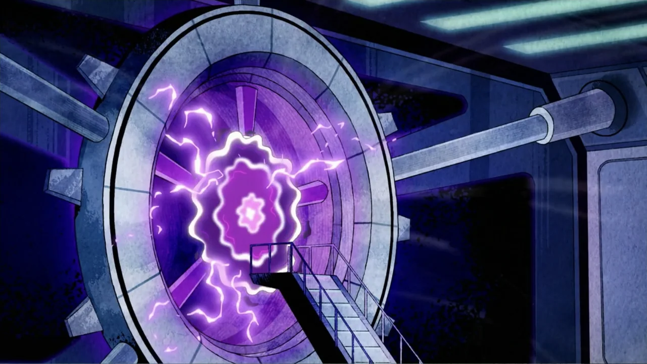 Ben 10: Ben 10,010 (2021) movie still: medium — A high-tech laboratory contains a massive circular metal portal framed by steel supports. The portal…
