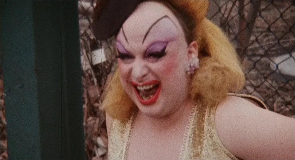 Pink Flamingos (1972) movie still: closeup — An outdoor area with a chain link fence and bare winter vegetation. A person in heavy drag makeup…