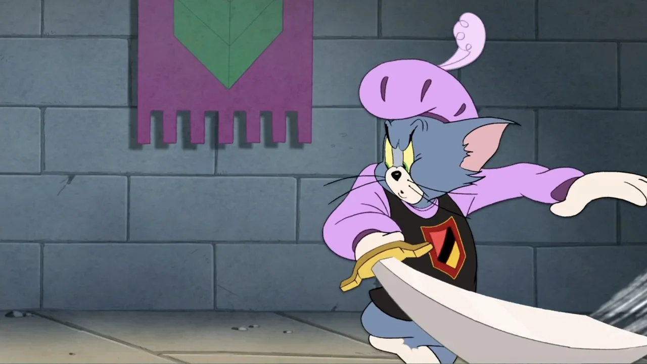 Tom and Jerry: Robin Hood and His Merry Mouse (2012) movie still: medium — A stone-walled interior room features a purple decorative tapestry…