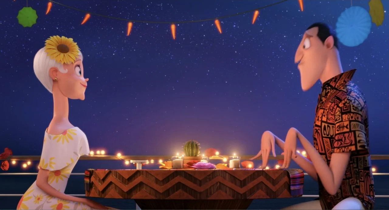 Hotel Transylvania 3: Summer Vacation (2018) movie still: medium — A nighttime rooftop setting features a wooden table decorated with candles and…