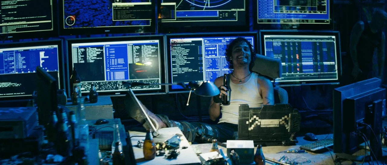 Elysium (2013) movie still: medium — A dark, cluttered room filled with multiple computer monitors displaying code and digital data. A young man…