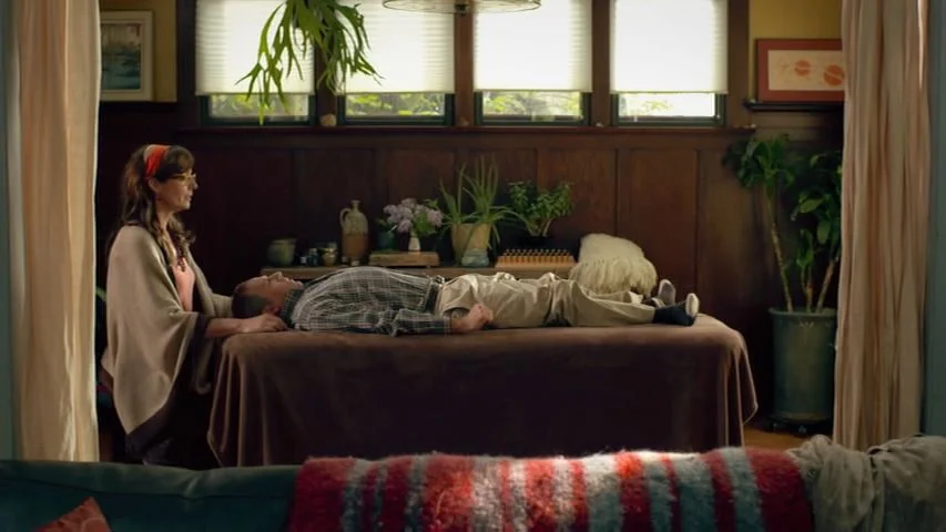 Touchy Feely (2013) movie still: wide — A quiet massage room features dark wood paneling, numerous potted plants, and light-filtering blinds. A…