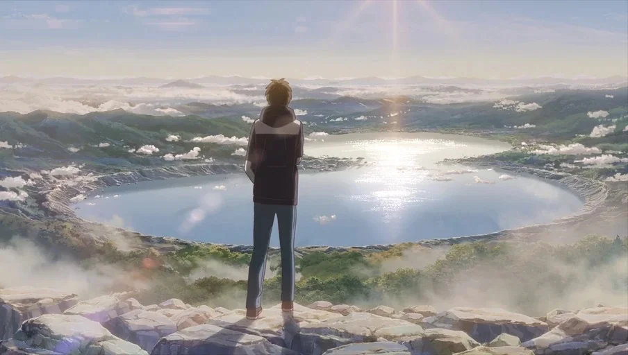 Your Name (2016) movie still: fullbody — A high-angle view overlooking a large circular crater lake surrounded by forested hills. A young man stands…