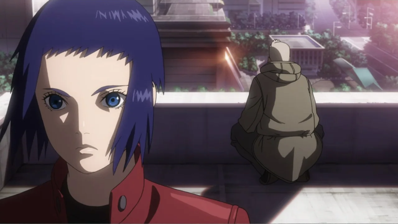 Ghost in the Shell: Arise - Border 1: Ghost Pain (2013) movie still: medium — A high-rise rooftop overlooking a sprawling futuristic city during a…