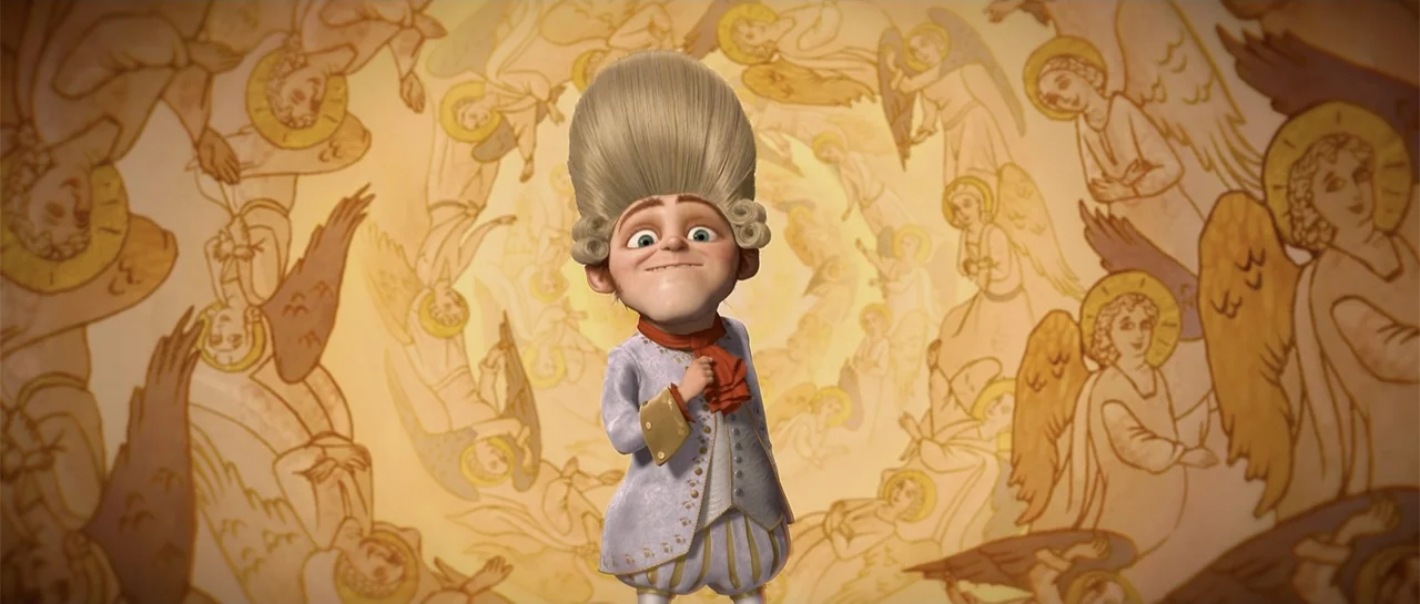 Shrek Forever After (2010) movie still: medium — An interior space features a wall covered in golden murals of angels. A small boy with an oversized…