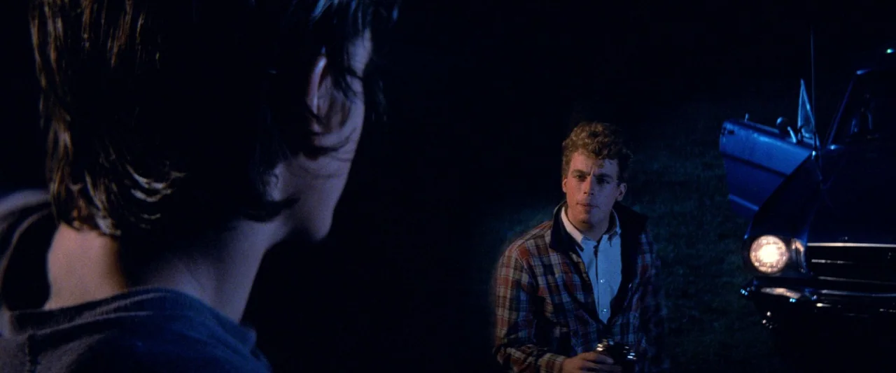 The Outsiders (1983) movie still: medium — A dark, unlit rural environment at night with grass visible near a vehicle. A young man in a plaid shirt…