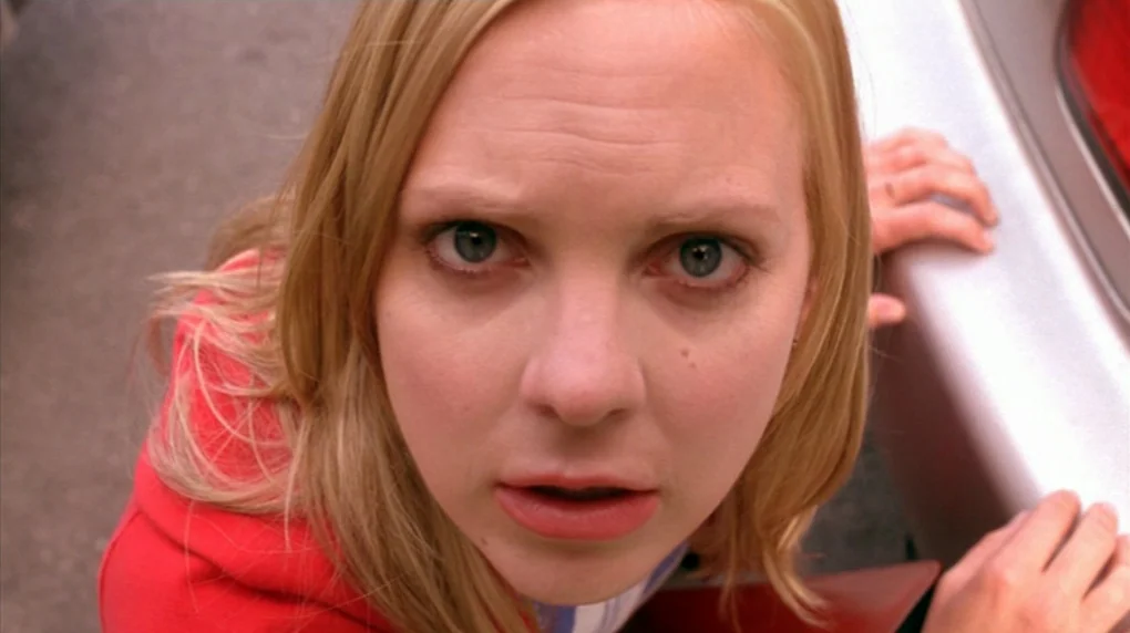 Smiley Face (2007) movie still: closeup — A close-up view shows a person positioned next to a silver car exterior. The subject looks directly into…
