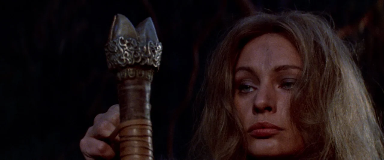 Conan The Barbarian (1982) movie still: closeup — A woman stands in a dark, forested area at night. She holds a leather-wrapped sword hilt near her…