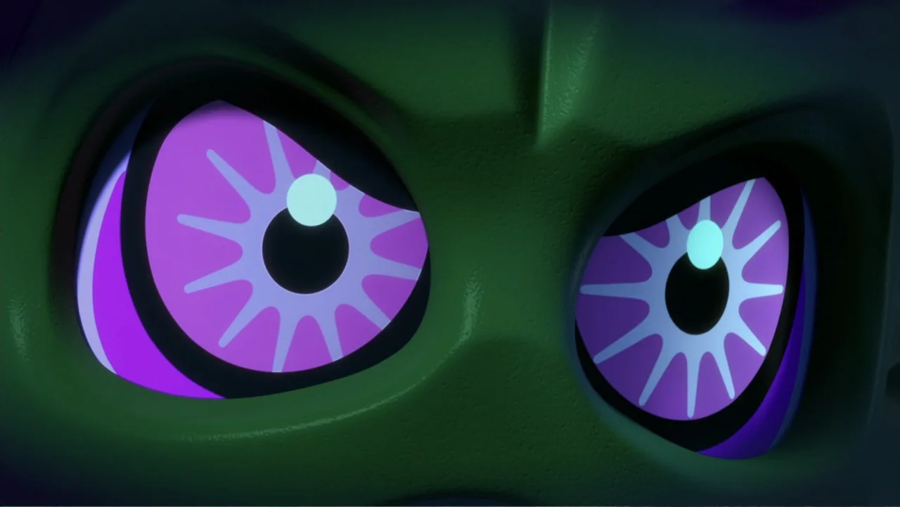 LEGO Scooby-Doo! Haunted Hollywood (2016) movie still: closeup — A dark environment highlights the face of a green-skinned creature with large eyes.…