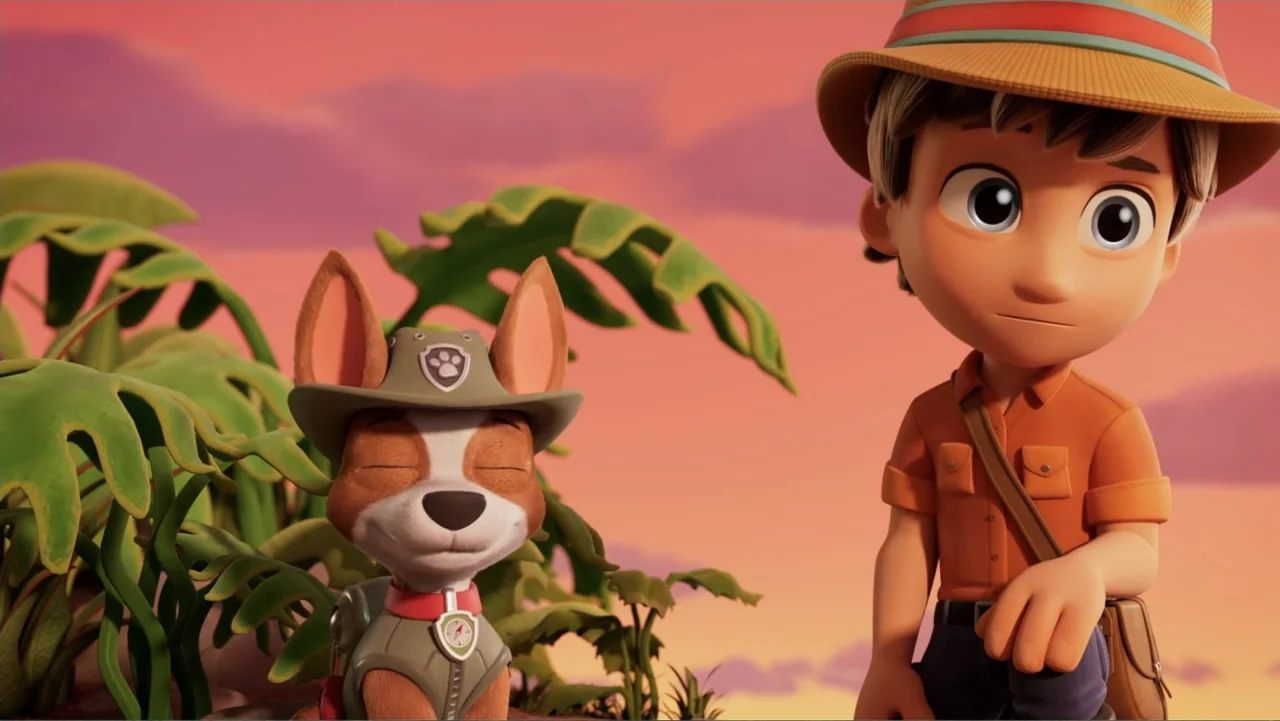 Valiente: A Tracker Story (2025) movie still: medium — A young boy and a small puppy stand before large leafy plants during sunset. The sky is a…