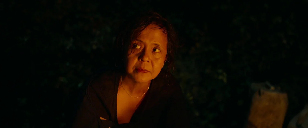 Triangle of Sadness (2022) movie still: closeup — A woman stands in deep darkness with warm light illuminating her face from below. She gazes…