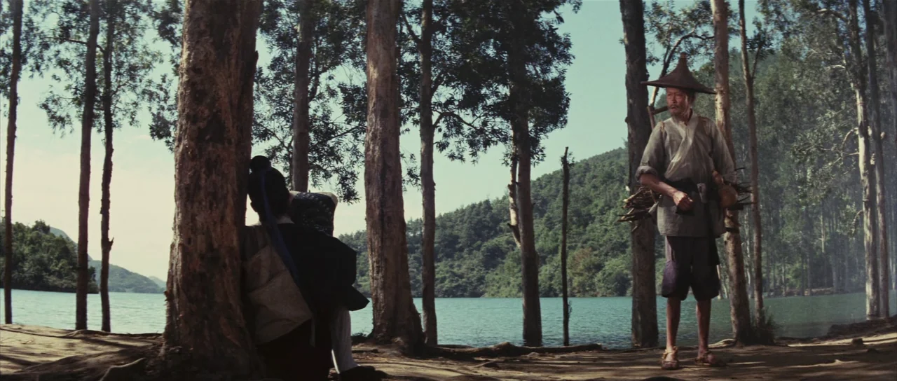 A Touch of Zen (1971) movie still: fullbody — A lakeshore is lined with tall, thin trees and overlooks a calm mountain water body. An elderly man…