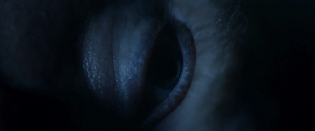 Radius (2017) movie still: closeup — A dark, underexposed environment surrounds an extreme closeup of a human eye. The eye remains open in the…