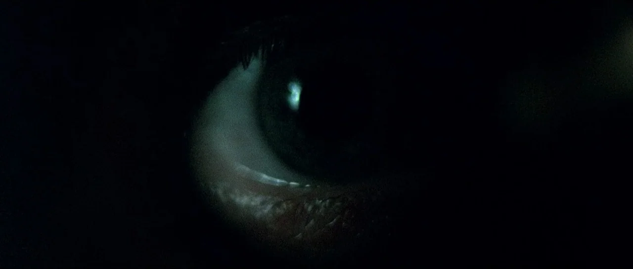 Opera (1987) movie still: closeup — A close-up view shows a single human eye emerging from absolute blackness. A sharp pinpoint of white light…