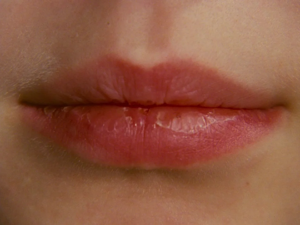 Alice (1988) movie still: closeup — A tight closeup shot focuses exclusively on a pair of lips. The skin around the mouth is visible in smooth,…