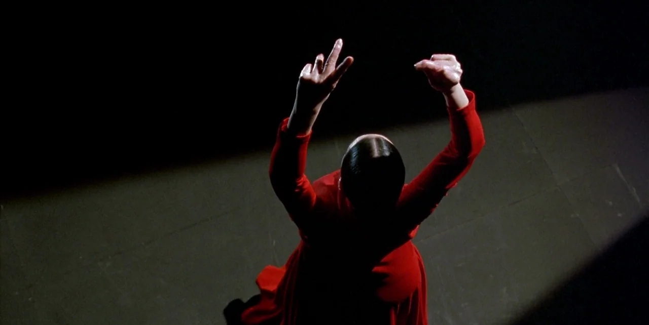 The Flower of My Secret (1995) movie still: medium — A dark stage with a single hard light focused on the subject. A person in a red dress performs…