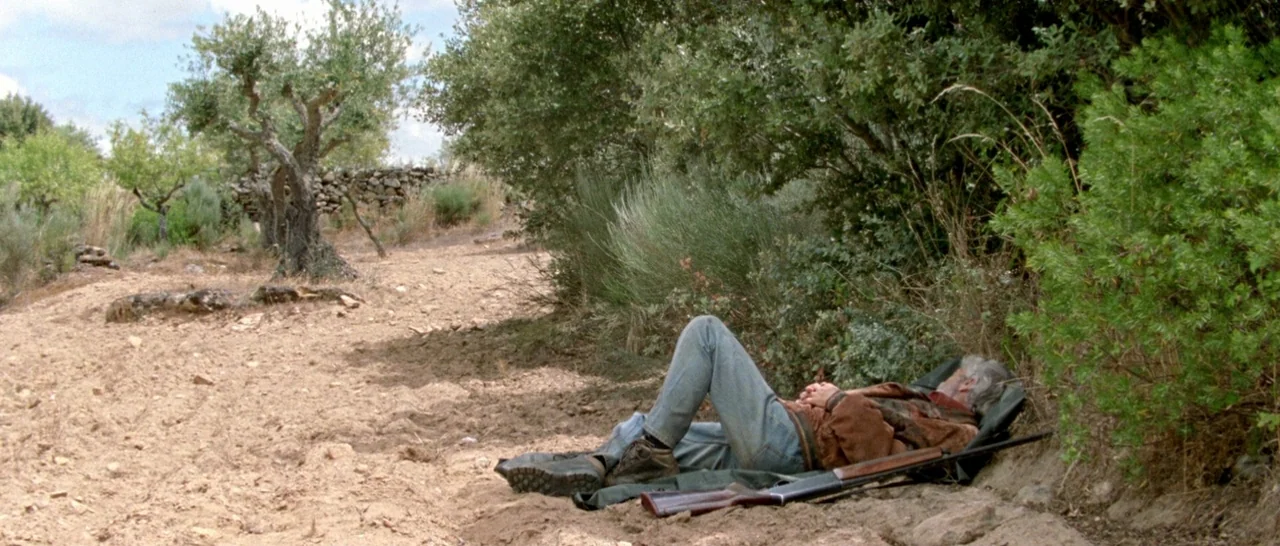 Arabian Nights: Volume 2 The Desolate One (2015) movie still: wide — A dry, rocky hillside landscape with olive trees and sparse Mediterranean scrub…