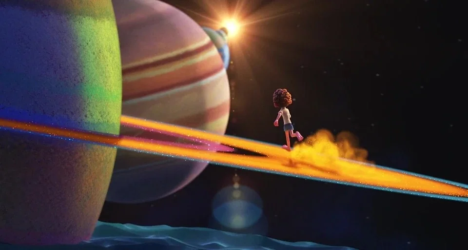 Luca (2021) movie still: wide — A small boy runs across a glowing ring path suspended in outer space. Several large, stylized planets occupy the…