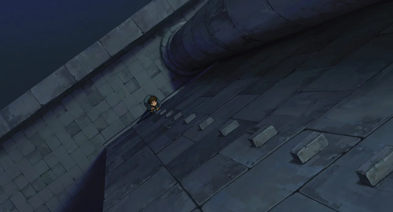 Tales From Earthsea (2006) movie still: wide — A vertical stone wall features a series of projecting blocks acting as a ladder. A small child climbs…