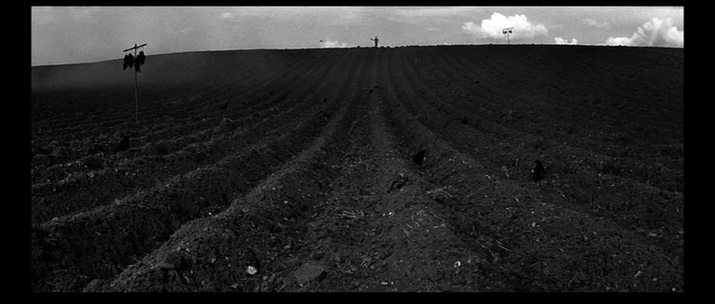 Jude (1996) movie still: wide — A dark, freshly plowed field stretches toward a distant horizon under a cloudy sky. Wooden posts with hanging…
