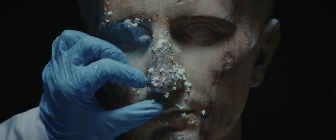 An emperor's jewel - The making of the Bulgari Hotel Roma (2024) movie still: closeup — A dark laboratory setting features a weathered stone bust of…