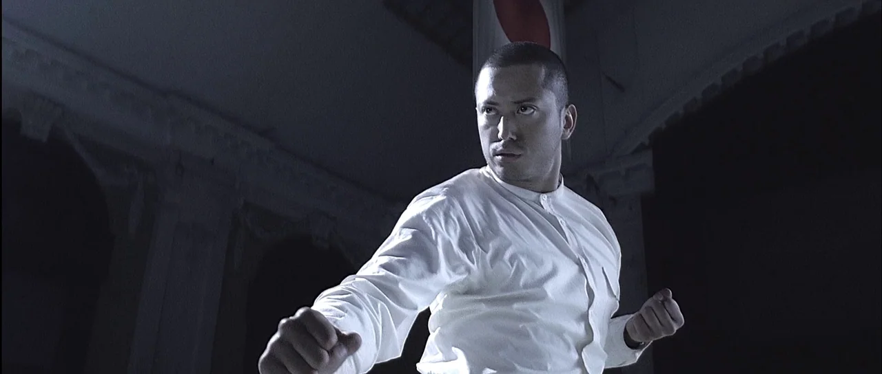 Ip Man (2008) movie still: medium — A dark indoor space with a flag featuring a red circle hanging in background. An athletic man in a white shirt…