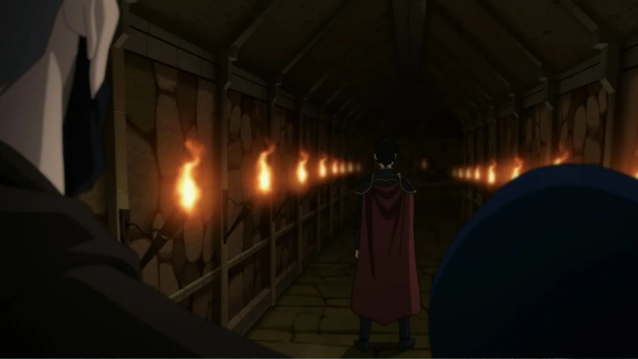 Justice League Dark: Apokolips War (2020) movie still: medium — A long stone corridor features rough masonry walls lined with mounted burning…