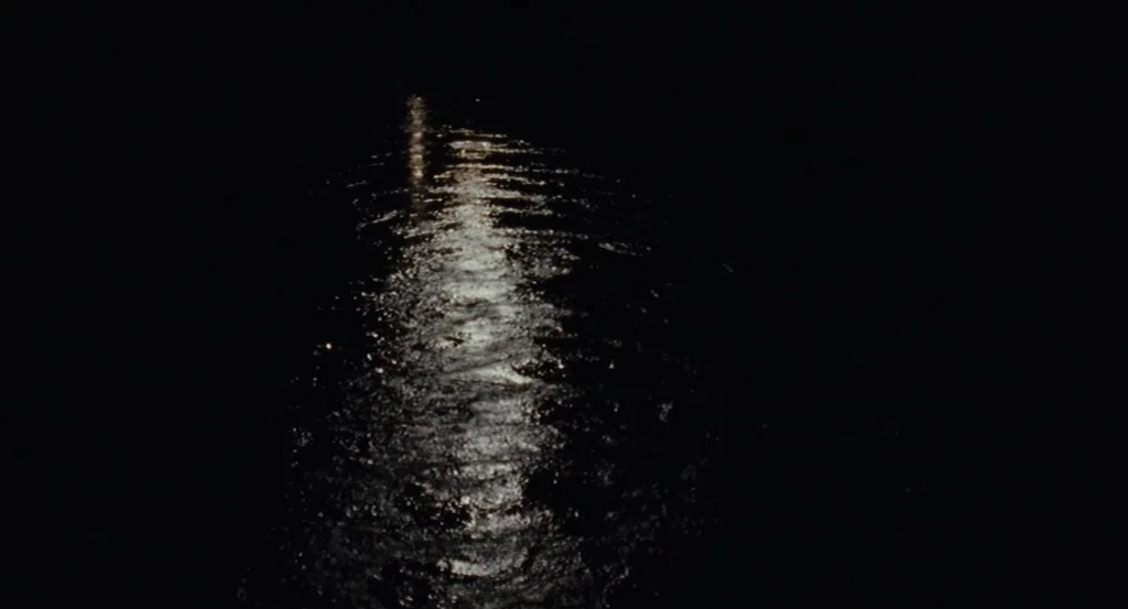 Almayer’s Folly (2011) movie still: establishing — A vast expanse of dark, rippled water at night under moonlight. A concentrated path of bright…