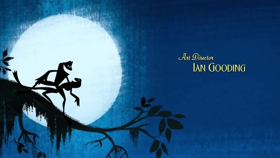The Princess and the Frog (2009) movie still: wide — A dark swamp scene features a large full moon glowing against a blue background. Two…