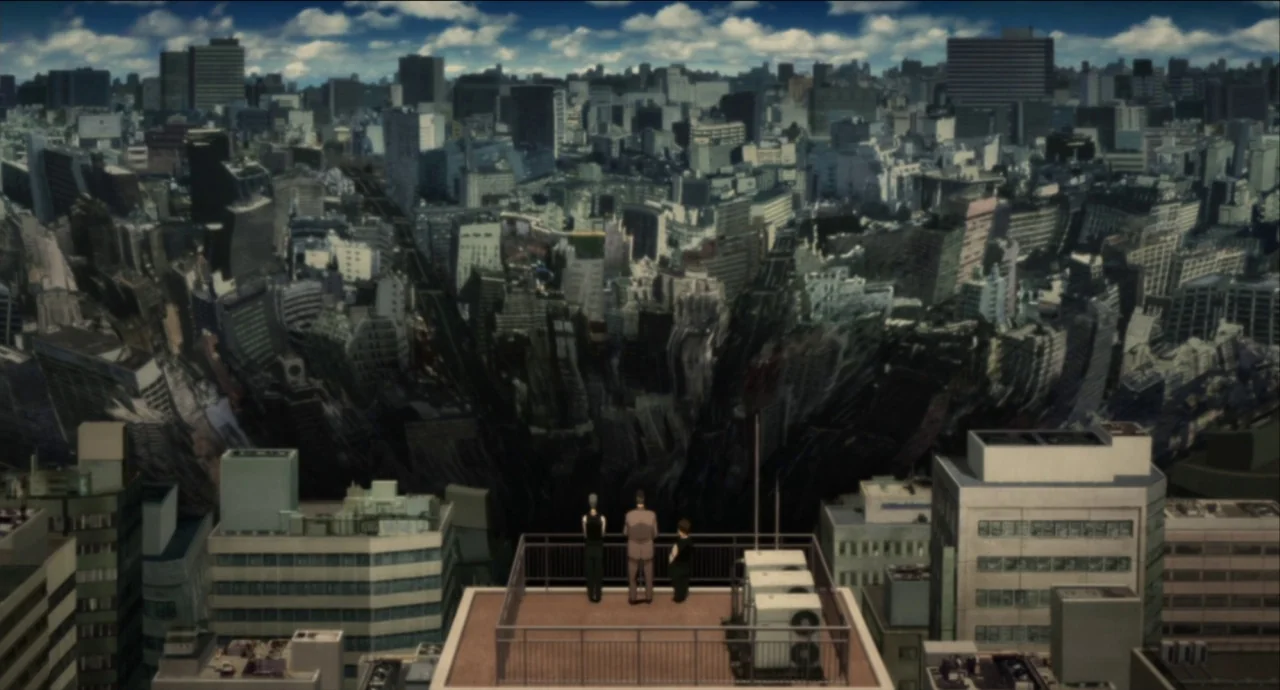 Paprika (2006) movie still: wide — A dense urban landscape features a massive, dark circular abyss consuming city blocks. Three figures stand on a…