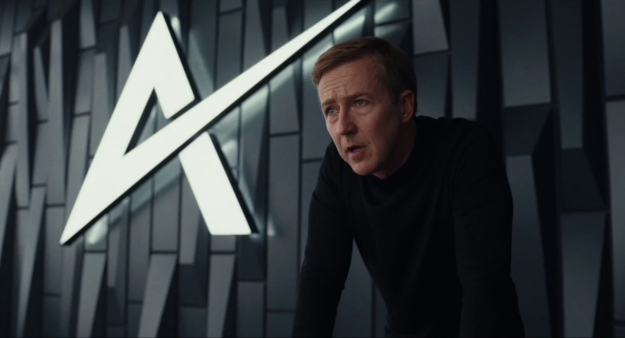 Glass Onion (2022) movie still: medium — A dark corporate interior features a geometric grey tiled wall with an illuminated logo. A middle-aged man…