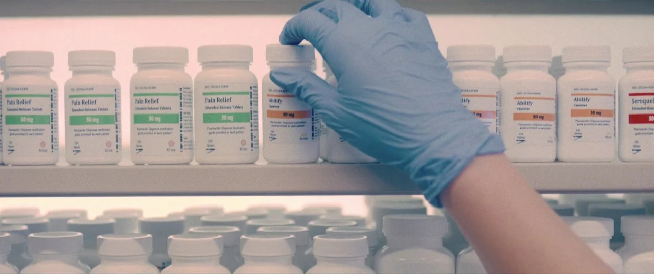 I Care A Lot (2020) movie still: closeup — Rows of white plastic medication bottles are neatly arranged on metal shelving units. A gloved hand…
