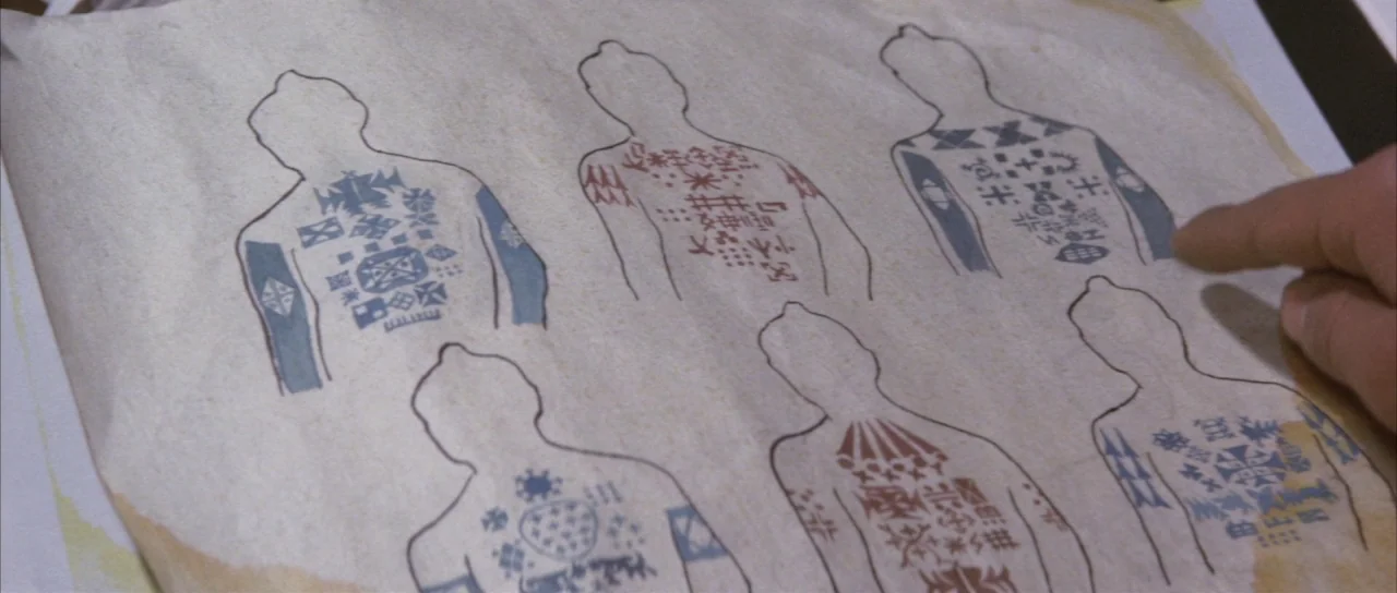 Godzilla Vs Mechagodzilla (1974) movie still: closeup — A sheet of off-white aged paper displays five hand-drawn silhouettes featuring intricate…