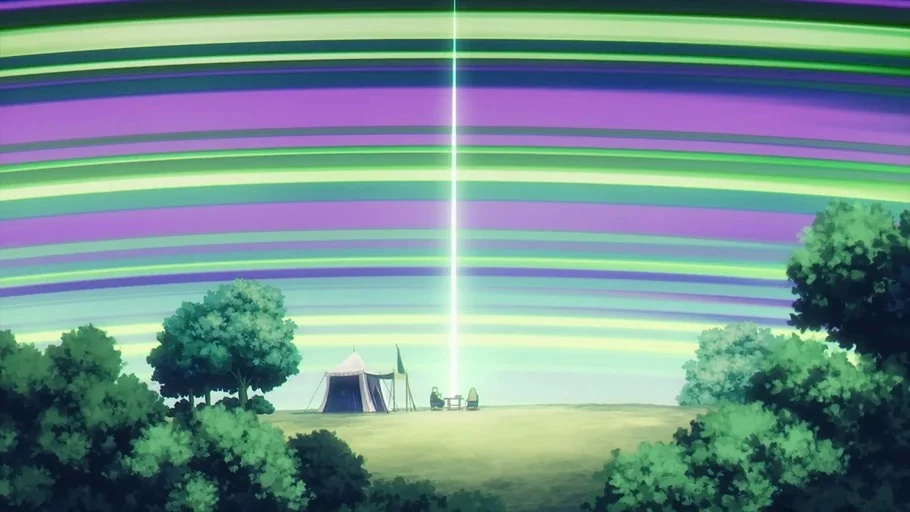 Frieren: Beyond Journey's End (2023) movie still: establishing — A clearing with dense bushes frames a tent and two figures in the distance. A tall…