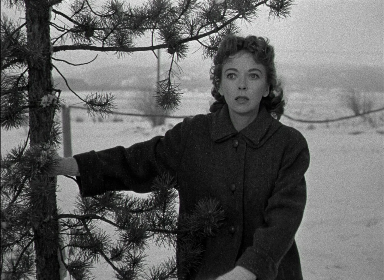 On Dangerous Ground (1951) movie still: medium — A snowy field with a pine tree in the left foreground of the frame. A woman stands by the tree and…