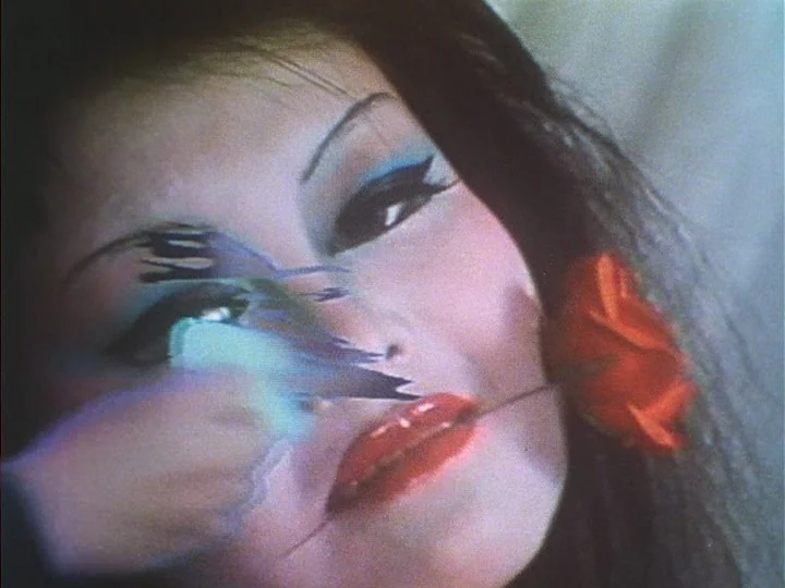 An Attempt to Describe the Measure of a Man (1977) movie still: closeup — A close-up studio shot shows a woman face with vibrant make-up and bright…