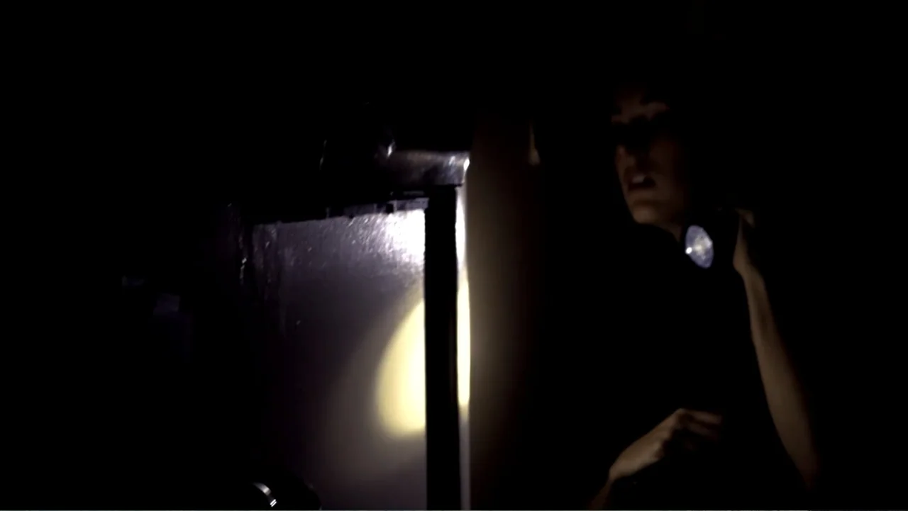 Abandoned Dead (2015) movie still: medium — A dimly lit interior space with a single bright flashlight beam hitting a wall. A young woman holds the…