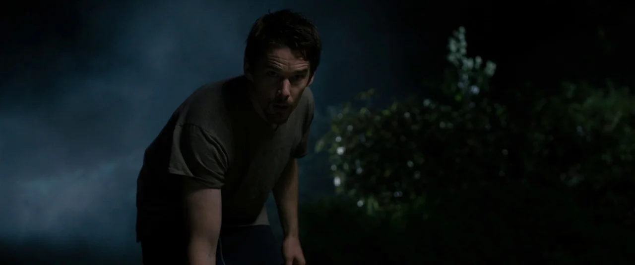 Sinister (2012) movie still: medium — A dark outdoor space at night with dense shrubs partially visible in the background. A man stands in the…