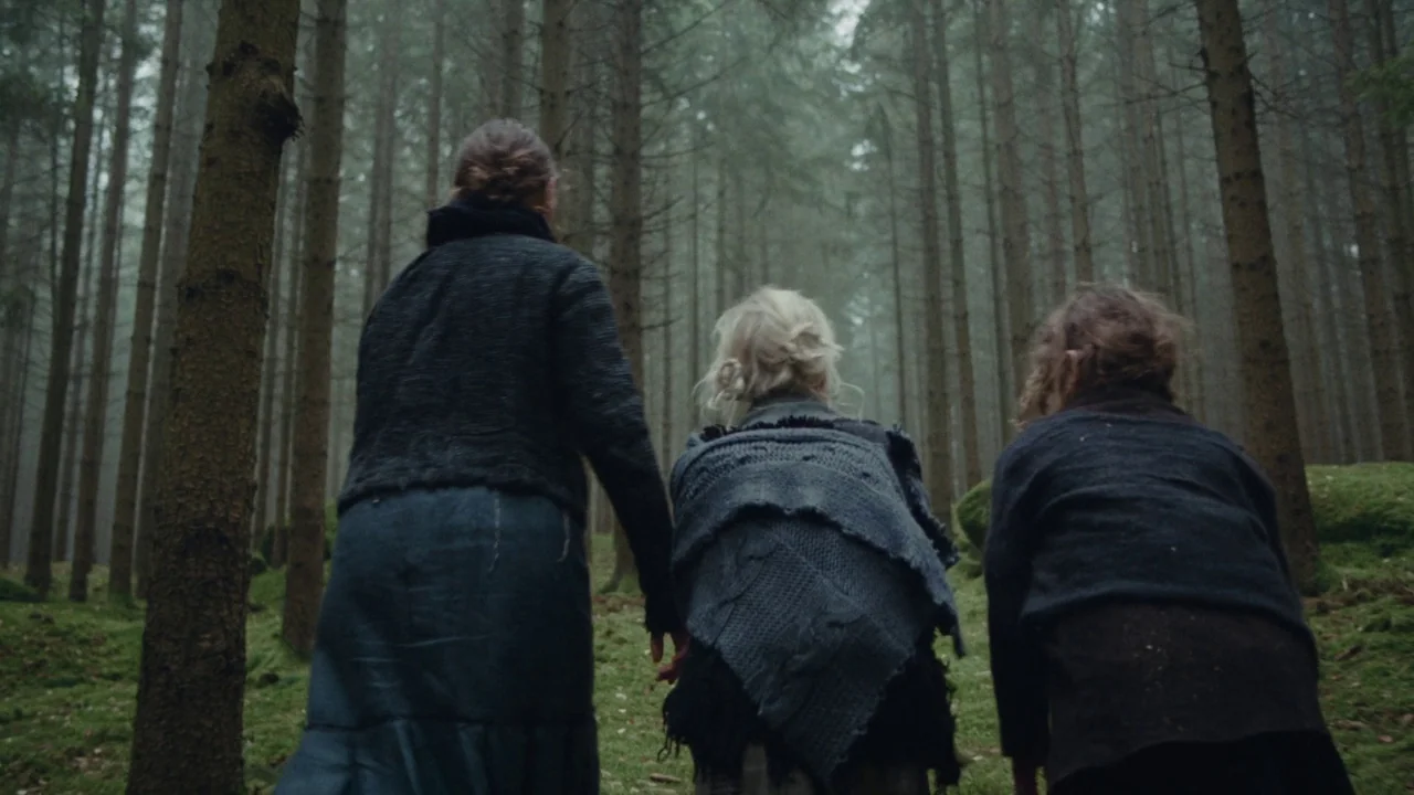 The Devil’s Bath (2024) movie still: fullbody — A dense, foggy forest filled with numerous tall, thin, leafless trunks. Three figures walk away from…