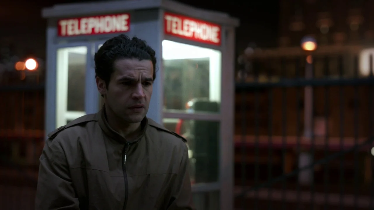 Piercing (2018) movie still: medium — A man stands outdoors at night near an illuminated glass telephone booth. A metal fence is visible in the…