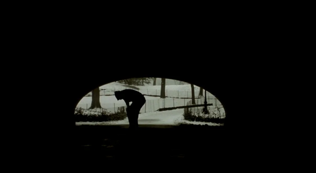 Birth (2004) movie still: wide — A dark, arched stone tunnel opening looks out onto a snow-covered park landscape. A solitary figure stands in the…