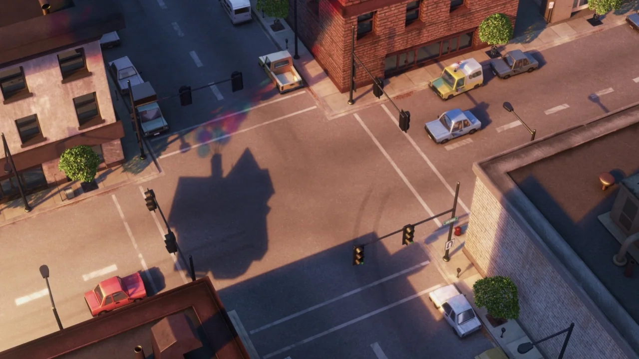 Up (2009) movie still: establishing — A suburban street intersection features brick buildings and scattered parked cars in daylight. A large…