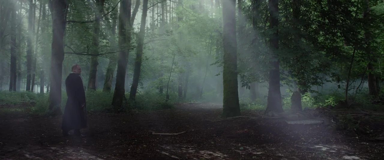 Apostle (2018) movie still: wide — A dense woodland with tall trees and thick ground mist obscuring the distant depths. An older man in a long black…