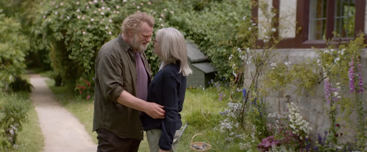 Hampstead (2017) movie still: medium — An older couple stand together in a lush garden next to a stone cottage wall. They hold each other's hands…