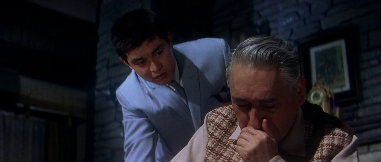Tokyo Drifter (1966) movie still: medium — A dimly lit room features a stacked stone wall background with a framed picture. A younger man looks down…