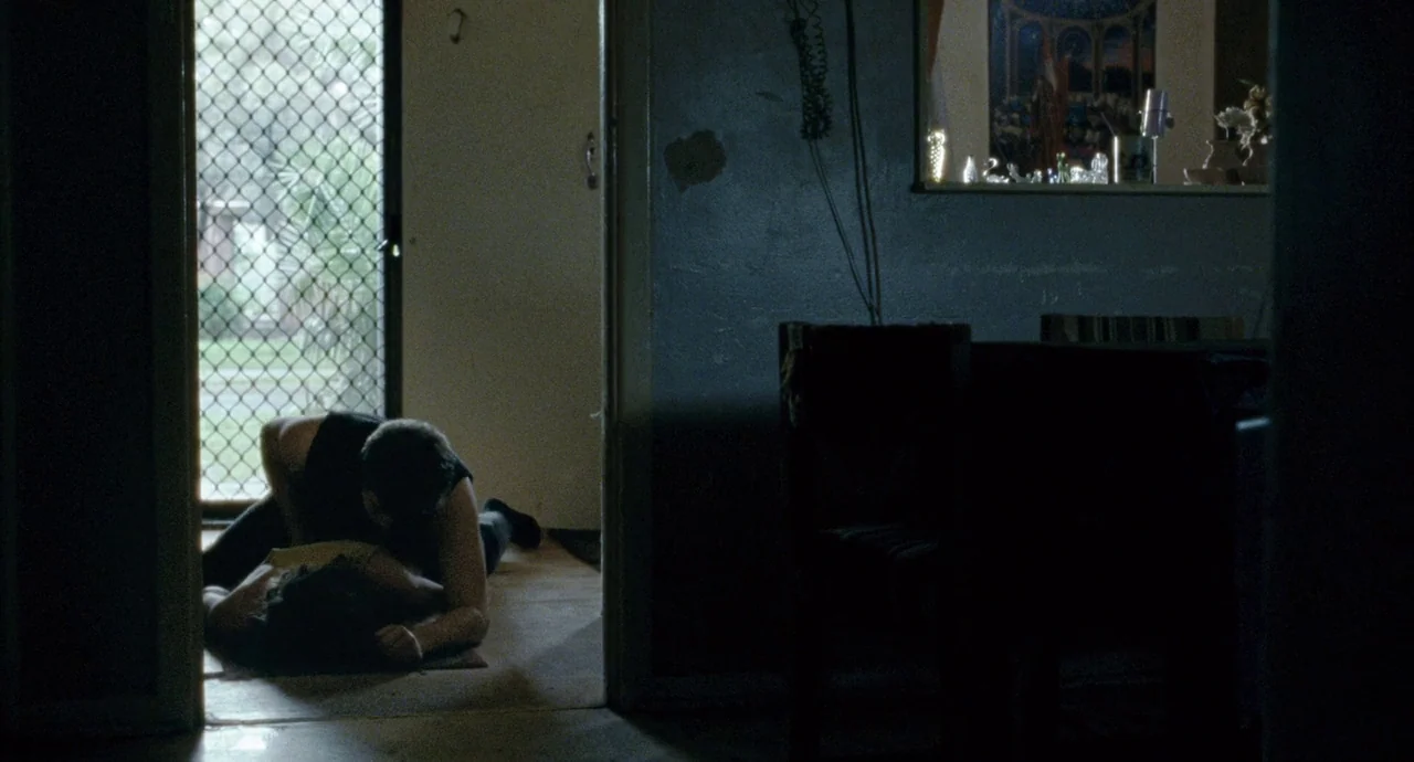Snowtown (2011) movie still: wide — A dimly lit room with blue walls features a doorway leading to a screen door. A person is crouched on the floor,…