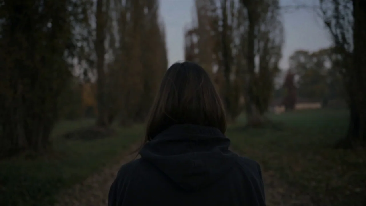 Amanda (2022) movie still: medium — A narrow dirt path lined with tall, slender trees fades into the distance. A woman walks away from the camera…