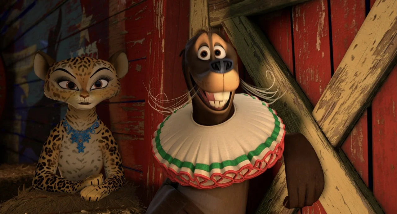 Madagascar 3: Europe's Most Wanted (2012) movie still: medium — The interior of a rustic barn with weathered red wooden walls features two animals.…